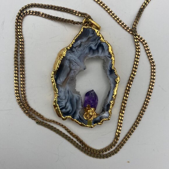 Amethyst Agate Geode Drusy Pendant Necklace Nickel Free Gold Tone 24" Chain - Picture 4 of 6